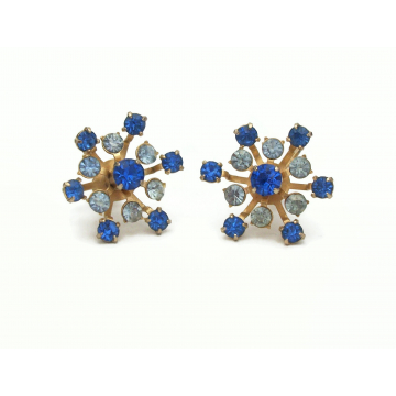 Vintage Coro Two Tone Blue Rhinestone Screw Back Clip on Earrings Gold Floral Starburst Design Mid Century Signed Jewelry