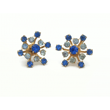 Vintage Coro Two Tone Blue Rhinestone Screw Back Clip on Earrings Gold Tone Floral Starburst Design  Mid Century Signed Jewelry