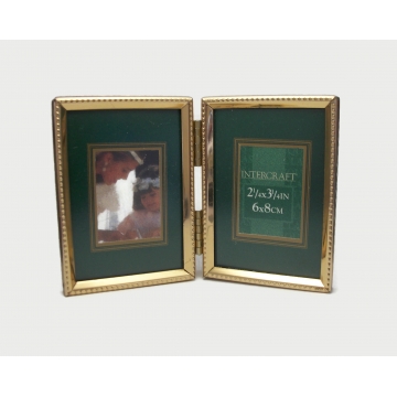 Vintage Double Bi-Fold 3x2 Picture Frame Tabletop 2x3 Picture Frame for Two Wallet Size 2 x 3 Photos Gold Tone Metal