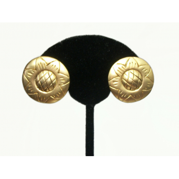 Vintage Gold Floral Sunflower Clip on Earrings 1 inch Diameter Round Flower Earrings