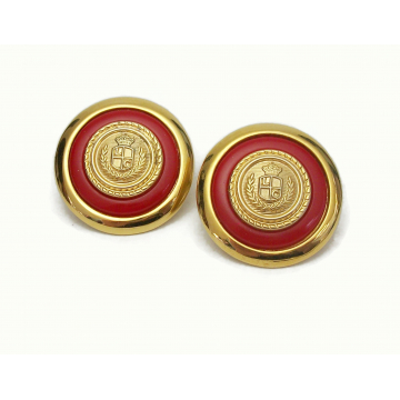 Vintage Liz Claiborne Red and Gold Crown and Shield Earrings  Signed Big Round Crest Coin Medallion Style Post Pierced Earrings