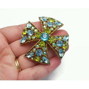 Vintage Unsigned Florenza Crystal Maltese Cross Brooch with Aquamarine Blue Citrine Green and AB Crystals Mid Century Jewelry Rhinestone Cross Pin