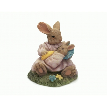 Bunny Rabbit and Baby Figurine Miniature Collectible Anthropomorphized Animals Pink Dress