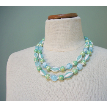Vintage Blue Green White Plastic Beaded Necklace Made in Hong Kong Double Strand Beads Adjustable