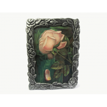 Vintage Pewter Metal Floral Picture Frame Easel Back Tabletop 4" x 5 3/4" Roses Motif