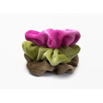 Velvet Hair Scrunchie Set of Three Scrunchies Fuchsia Pink Moss Green Toffee Brown Scrunchy Pack