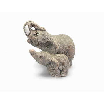 Elephant Figurine Mother and Baby Clay Sculpture Made in Peru Miniature Animal Signed COAD