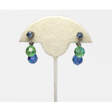 Vintage Blue and Green Crystal Dangle Clip on Earrings Formal Beaded Drop Earrings