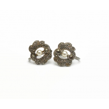 Vintage Silver Marcasite Screw Back Clip on Earrings with Pearl Accent