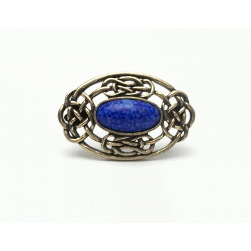 Vintage Signed Miracle Brooch Celtic Knot Pin Antiqued Gold Tone with Speckled Blue Stone
