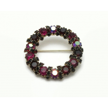 Vintage Garnet Red Purple AB crystal Brooch Rhinestone Circle Pin Mid Century Jewelry