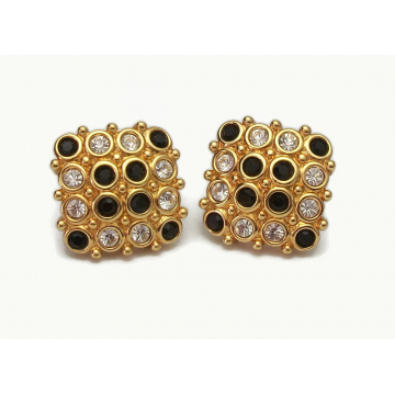 Swarovski Black and Gold Clip on Earrings Square with Clear Crystals Rhinestone Formal Jewelry Wedding Earrings