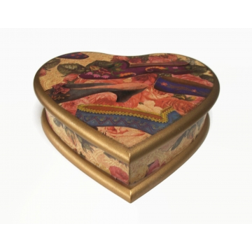 Heart Shaped Wood Box with Floral Victorian Slipper Shoe Motif Wooden Trinket Jewelry Box with Hinged Lid