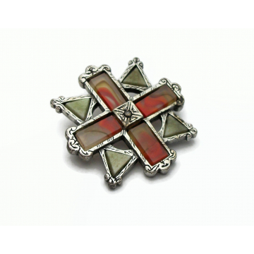 Vintage Miracle Brooch Faux Scottish Agate and Connemara Marble Marbled Red Orange White and Green Pin Celtic Jewelry