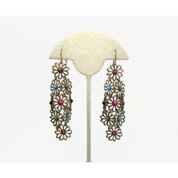 Vintage Long Colorful Floral Brass Filigree Dangle Earrings 3 inch Gold Tone Flower French Hook Drop Earrings Lightweight Multi Color
