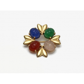 Vintage 14K Yellow Gold Scarab Brooch Pin Natural Gemstones Egyptian Jewelry Scarab Beetles