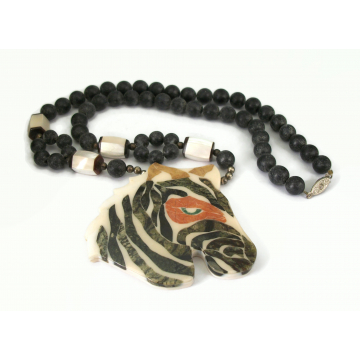 Vintage Large Zebra Head Necklace Mother of Pearl Bead Stone Inlay Resin Black and White Beaded Statement Jewelry Huge Big Necklace