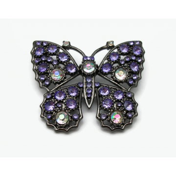 Vintage Purple Rhinestone Butterfly Brooch Pin Gunmetal with AB Aurora Borealis Accents