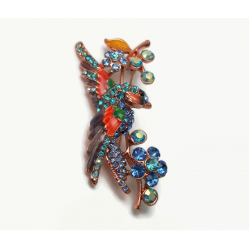 Vintage Crystal Rhinestone Colorful Bird Brooch Lapel Pin Rose Gold or Copper Tropical Bird Bunting Parakeet Parrot