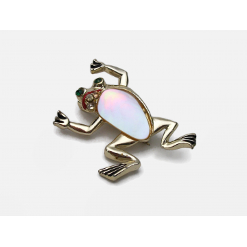 Vintage Mother of Pearl Frog Brooch Lapel Pin Gold with Rhinestone Accents