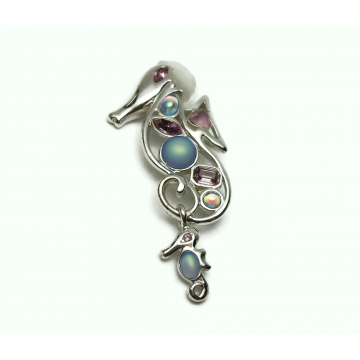 Vintage Monet Seahorse Brooch Pin Silver with Blue and Purple Rhinestones and Baby Seahorse Charm