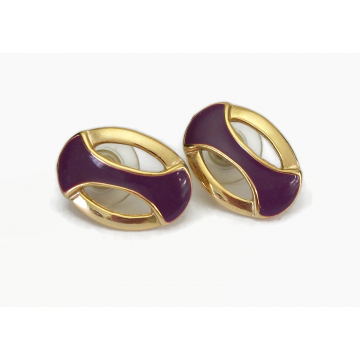 Vintage Purple Enamel and Gold Earrings Stud Post Earrings for Pierced Ears Openwork Oval Egg Shaped