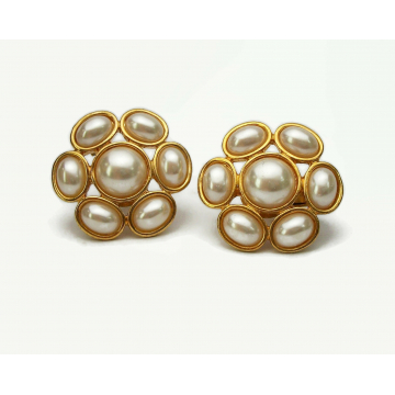 Vintage Napier Pearl Cabochon Clip on Earrings Gold with Adjustable Screws Floral Flower Shaped