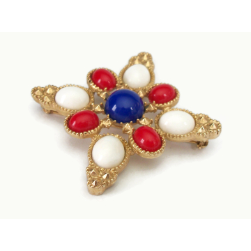 Vintage 1970s Sarah Coventry Americana Design Brooch Red White and Blue Cabochons Gold Statement Patriotic Pin 70s Jewelry