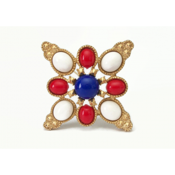 Vintage 1970s Sarah Coventry Americana Design Brooch Red White and Blue Cabochons Gold Statement Patriotic Pin 70s Jewelry