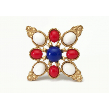 Vintage 1970s Signed Sarah Coventry Americana Design Brooch  Red White and Blue Cabochons Gold Tone Statement Patriotic Pin 70s Jewelry