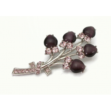 Vintage Purple Cats Eye Brooch with Lavender Rhinestones Catseye Cabochons Silver Floral Pin Flower Buds February Birthstone Jewelry