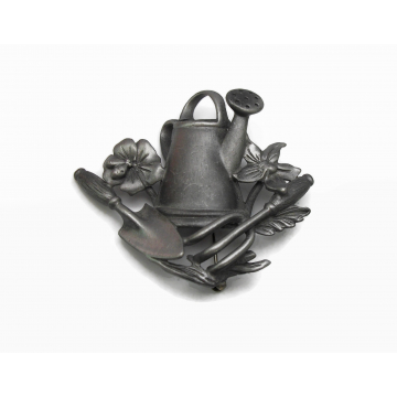Vintage AJC Pewter Gardening Brooch Pin Watering Can Flowers Garden Tools Hoe Rake