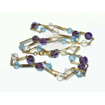 Vintage Purple Blue and Clear Crystal Beaded Necklace with Gold Bar Link Chain Open Crystal Beads Long 34"