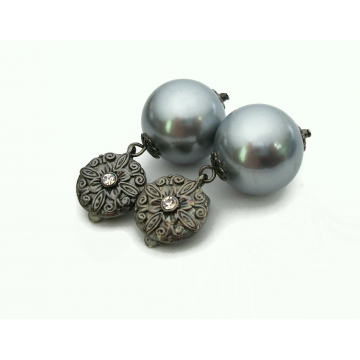Vintage Silver Gray Ball Drop Clip on Earrings Chunky Bead Dangle Earrings Metallic Grey