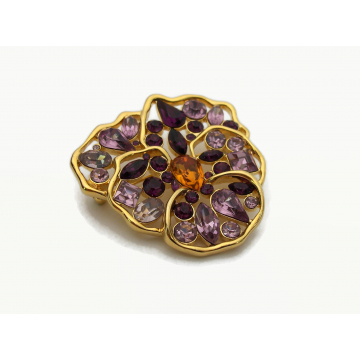 Vintage Signed Nolan Miller Pansy Brooch Floral Flower Pin Gold with Two Tone Purple Crystal Rhinestones
