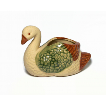 Vintage Clay Ceramic Swan Planter 4.5" long Small Pottery Bird Succulent Planter Home Decor Earth Tones Green Brown