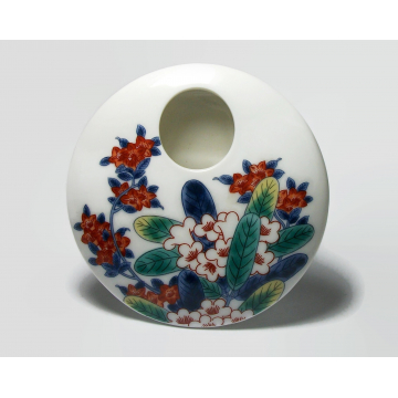 Vintage Small Flat Round Disc Shaped Ceramic Bud Vase White with Floral Design Blue Red Flowers Tokyo National Museum