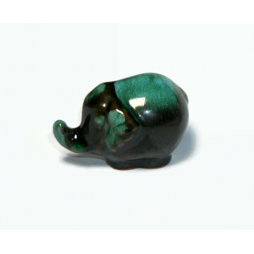Vintage Small Blue Mountain Mini Elephant Figurine Ceramic Pottery Green Blue Black Drip Glaze Trunk Raised for Good Luck