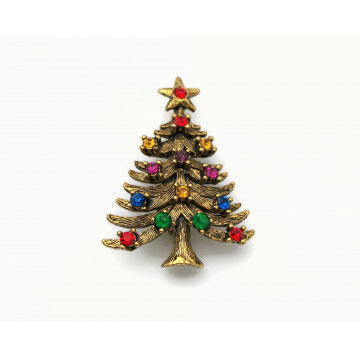 Vintage Signed Eisenberg ICE Christmas Tree Brooch Lapel Pin Gold with Multicolored Crystal Rhinestones