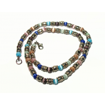 Vintage Cats Eye Beaded Necklace Silver and Multicolored Catseye Beads 21 inch Chain