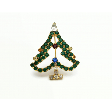 Vintage Prong Set Emerald Green Crystal Rhinestone Christmas Tree Brooch Pin Openwork