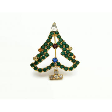 Vintage Prong Set Emerald Green Crystal Rhinestone Christmas Tree Brooch Pin Openwork