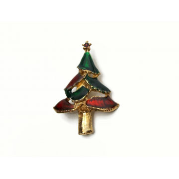 Vintage Red and Green Enamel Christmas Tree Brooch Pin Lapel Pin Enameled Gold