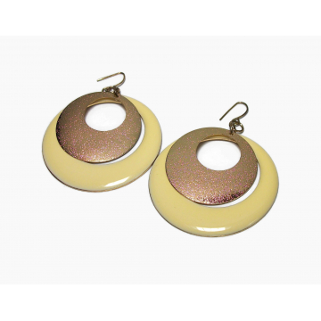 Vintage Big Hoop Dangle Earrings Butter Yellow Enamel and Textured Gold Large Hoops Boho Jewelry