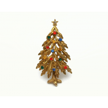 Vintage Signed ART Gold Rhinestone Christmas Tree Brooch Lapel Pin Multicolored Colorful Rhinestones Textured Gold