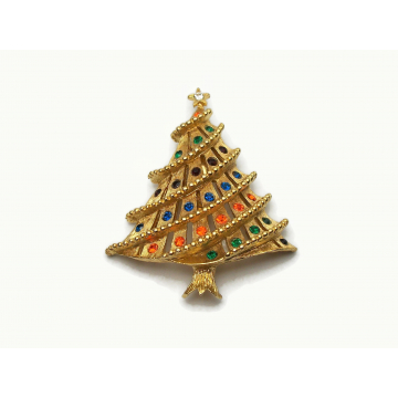 Vintage Brushed Gold Christmas Tree Brooch Pin with Colorful Rhinestones Multicolored Crystals