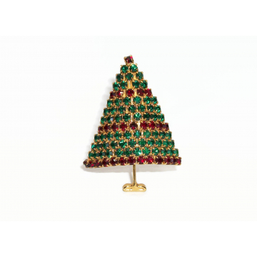 Vintage Emerald Green and Garnet Ruby Red Pave Crystal Rhinestone Christmas Tree Brooch Gold Prong Set