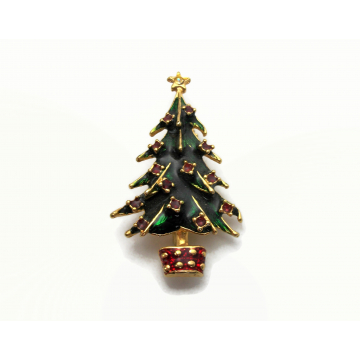 Vintage Enamel Christmas Tree Brooch Pin Gold with Green and Red Enamel
