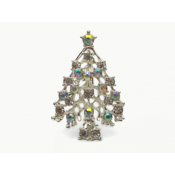 Vintage Rhodium Plated Silver Christmas Tree Brooch Pin with AB Aurora Borealis Crystal Rhinestones