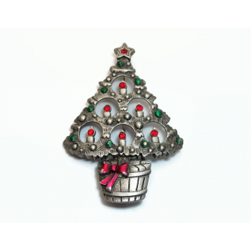 Vintage JJ Jonette Pewter Christmas Tree Brooch Pin Silver Tone with Enamel and Red Rhinestone Candles